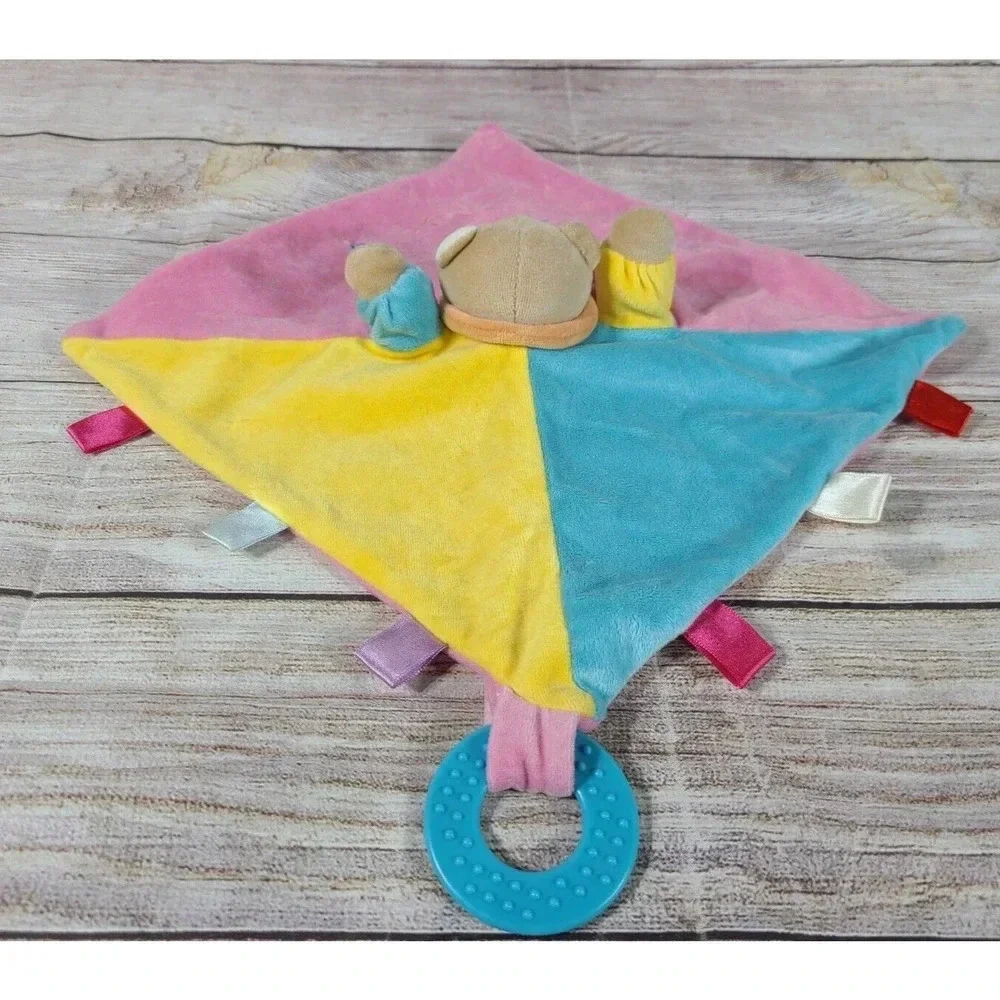 Vintage Plush Teddy Bear Puppet Lovey Security Blanket Teether Pink Yellow Blue
